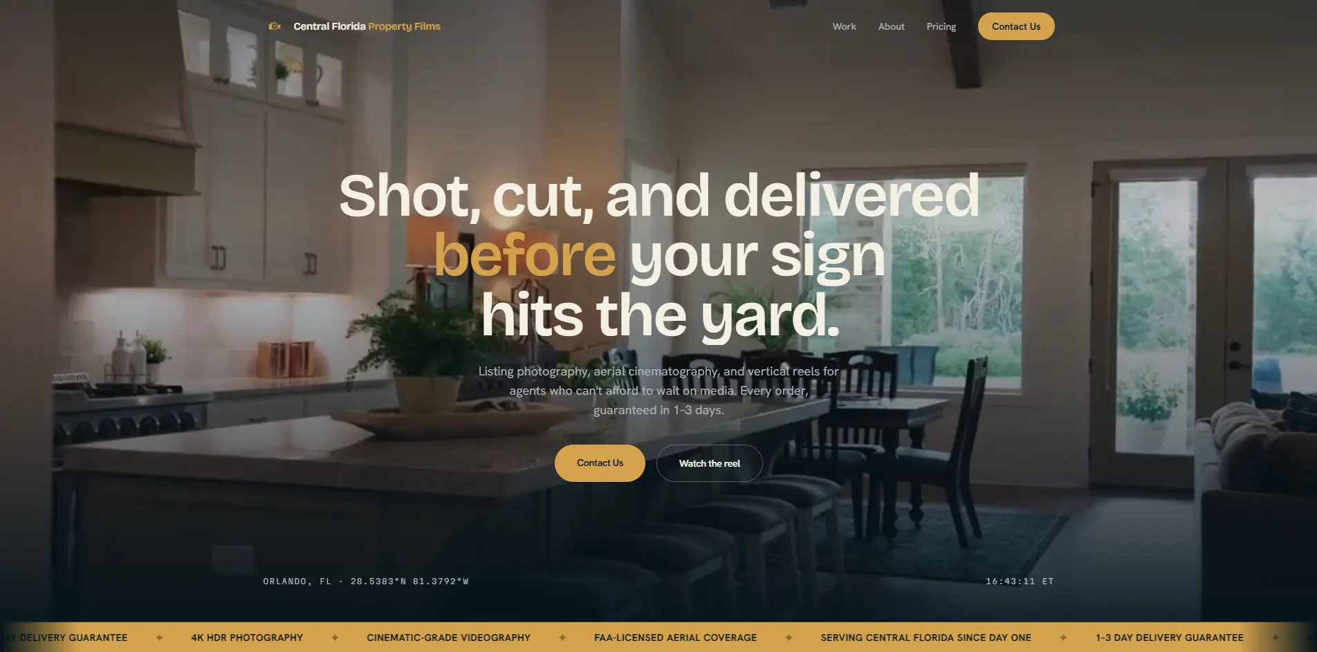 Screenshot of the Central Florida Property Films website homepage, showing the hero section with a kitchen interior background, the headline 'Shot, cut, and delivered before your sign hits the yard,' and Contact Us and Watch the reel buttons
